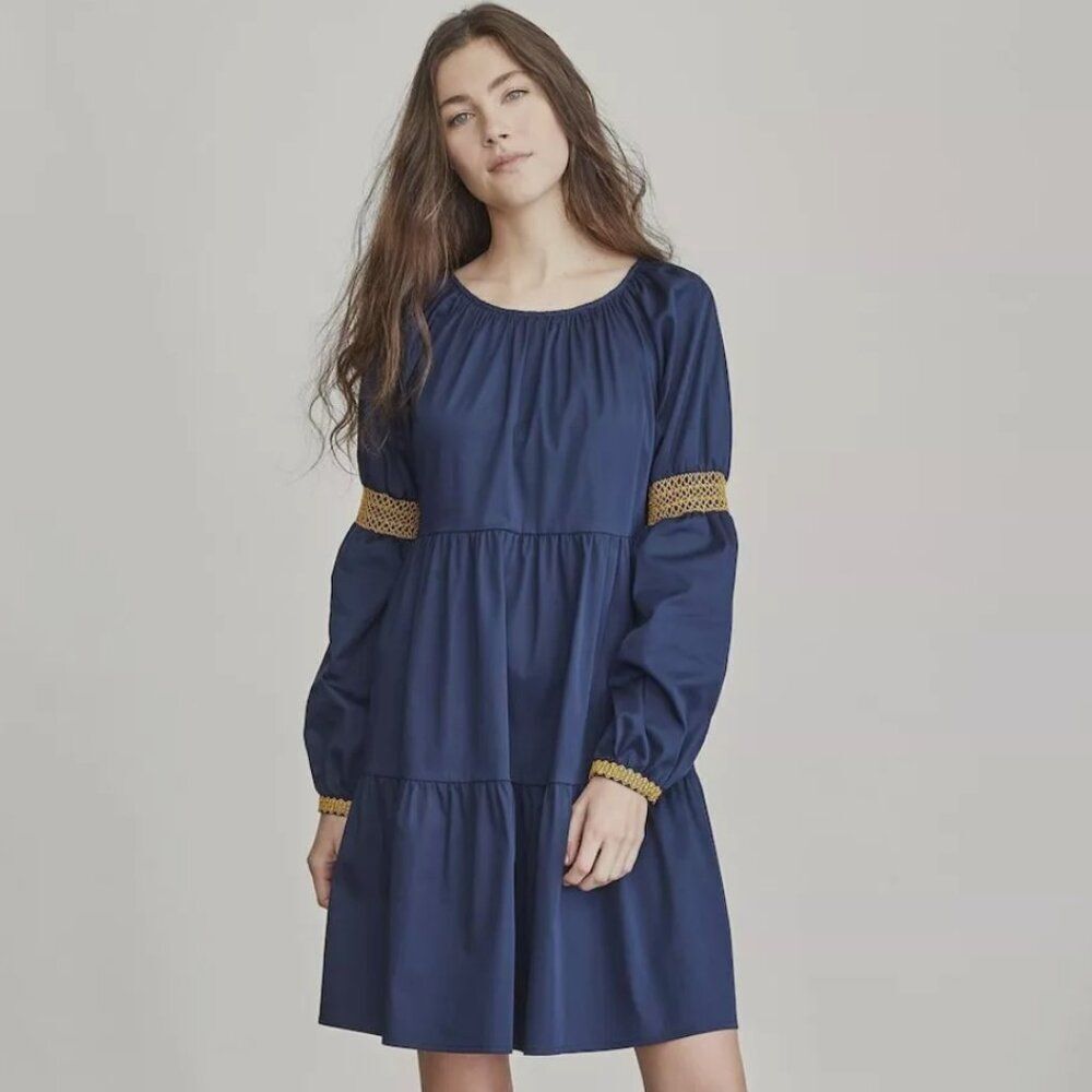 Elizabeth and James A-Line Blue peasant Dress puff sleeve Tiered Boho gold small
